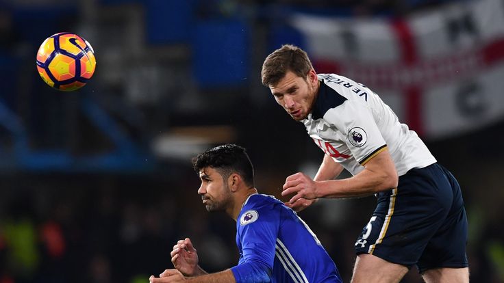 Jan Vertonghen climbs above Diego Costa to win a header a Stamford Bridge