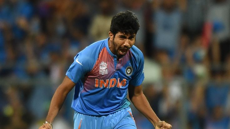 India's Jasprit Bumrah celebrates after taking the wicket of West Indies batsman Chris Gayle during the World T20  semi-final