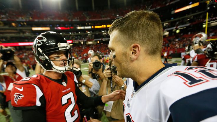 ATLANTA, GA - SEPTEMBER 29:  Tom Brady #12 of the New England Patriots is congratulated by Matt Ryan #2 of the Atlanta Falcons after their 30-23 win at Geo