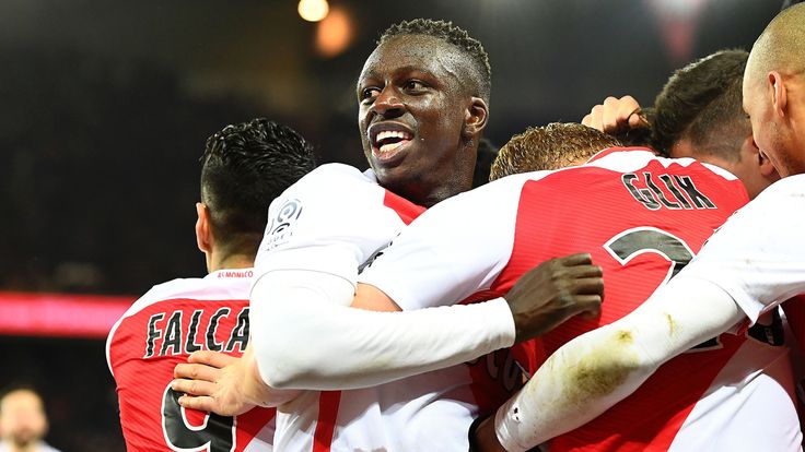 Monaco's French defender Benjamin Mendy celebrates a goal with team-mates