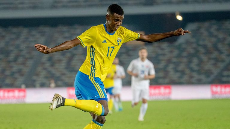 Picture taken on January 12, 2017 shows Swedish football player Alexander Isak during a friendly football match between Sweden and Slovaka at Zayed Sports 