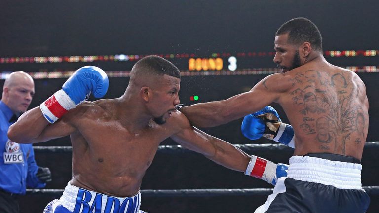 CHICAGO, IL - APRIL 24:  Badou Jack connects with Anthony Dirrell during a super middleweight fight at the UIC Pavilion on April 24, 2015 in Chicago, Illin