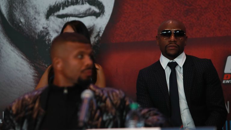 NEW YORK, NY - NOVEMBER 16:  President of Mayweather Promotions Floyd Mayweather looks on during the press conference announcing the Badou Jack v James DeG