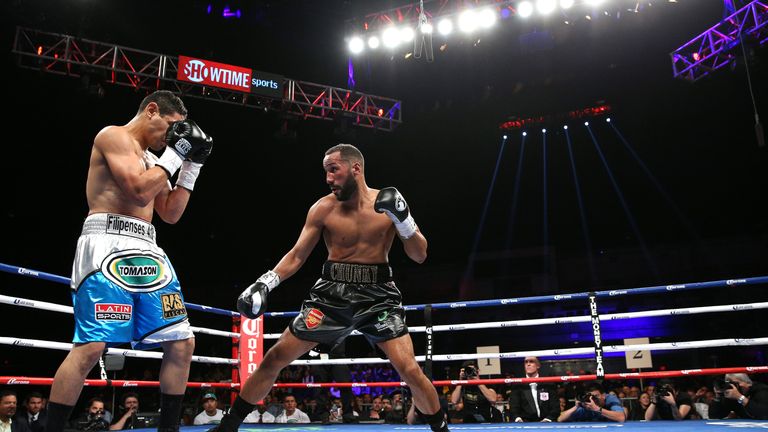 WASHINGTON, DC - APRIL 30: James DeGale of England (right) exchanges punches with Rogelio Medina of Mexico in their IBF super middleweights championship bo