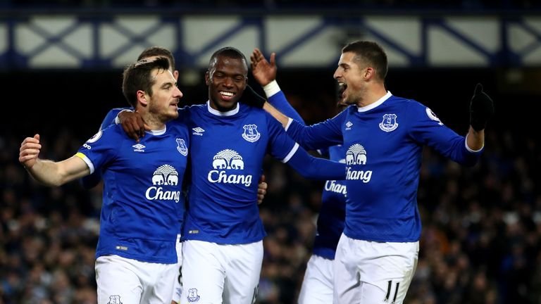 Leighton Baines (left) and Kevin Mirallas (right) celebrate with Enner Valencia as Everton defeat Southampton 3-0