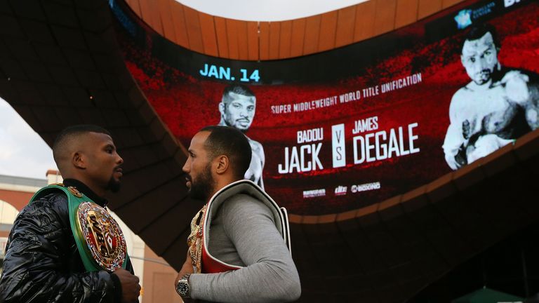 NEW YORK, NY - NOVEMBER 16:  WBC Super Middleweight World Champion Badou Jack (L) and IBF Super Middleweight World Champion James DeGale pose for a photo a