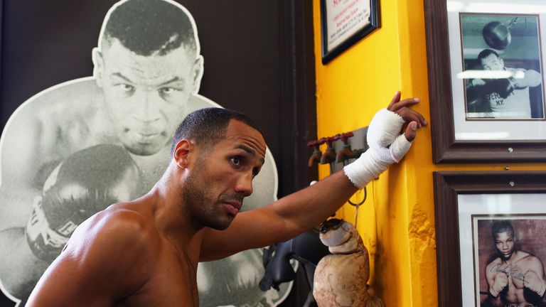 BOSTON, MA - MAY 20:  James DeGale stretches during a workout in preparation for his super middlewight fight against Andre Dirrell at The Ring Boxing Club 