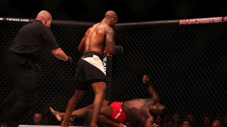 Jimi Manuwa (left) in action against Ovince Saint Preux during their Light Heavyweight division fight of UFC 204 at Manchester Arena.