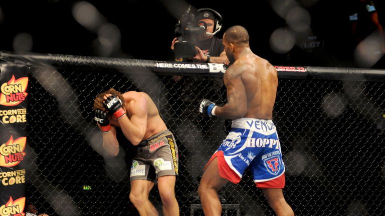 Kyle Kingsbury (l) defends himself from Jimi Manuwa (r) during the UFC on Fuel event at Nottingham's Capital FM Arena
