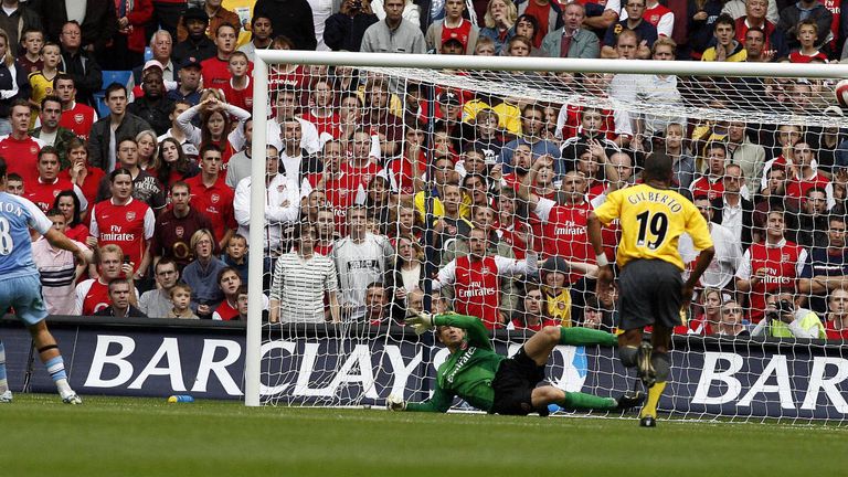 Manchester City's Joey Barton scores a penalty past Arsenal's Jens Lehmann during their English Premiership soccer match in 2006
