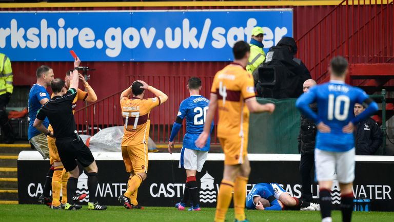 Scott McDonald can't believe it as he is shown a straight red card for his tackle on Kenny Miller
