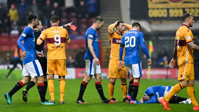 Motherwell's Scott McDonald (hands on head) is dismissed for a bad lunge on Kenny Miller