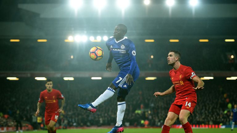 Chelsea's midfielder N'Golo Kante controls the ball during the English Premier League football match between Liverpool and Chelsea at Anfield in 2017