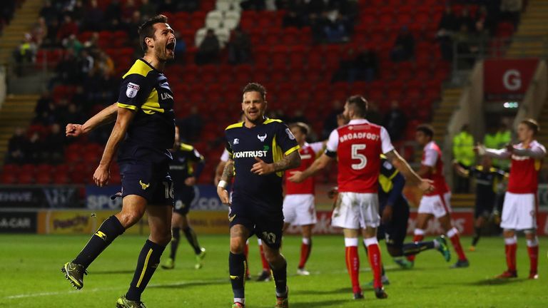 Phil Edwards reacts after putting Oxford 2-1 up in their meeting with Rotherham