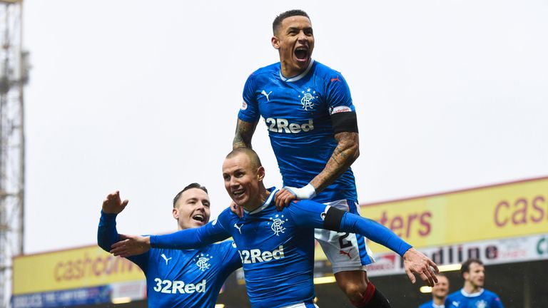 Rangers celebrate as Kenny Miller (9) fires the visitors ahead at Fir Park