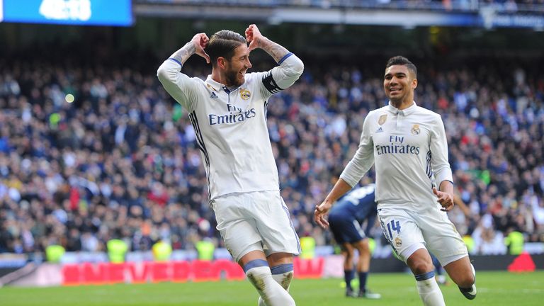 Sergio Ramos celebrates scoring his 50th La Liga goal and Real Madrid's second of the match