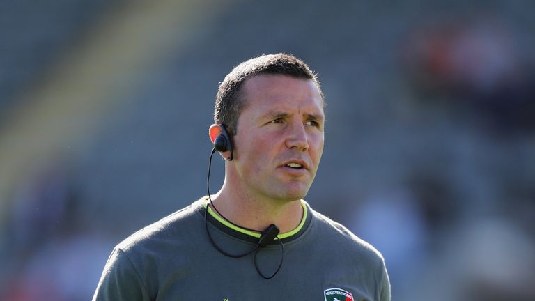 NEWCASTLE UPON TYNE, ENGLAND - SEPTEMBER 18:  Aaron Mauger,the Leicester head coach looks on  during the Aviva Premiership match between Newcastle Falcons 