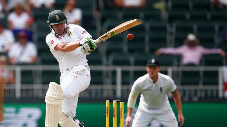 JOHANNESBURG, SOUTH AFRICA - JANUARY 14:  AB de Villiers of South Africa hits out during day one of the 3rd Test at Wanderers Stadium on January 14, 2016 i