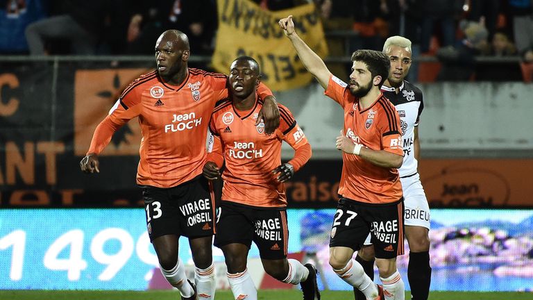 Lorient's Ghanaian forward Abdul Waris (C) celebrates after scoring during the French L1 football match between Lorient and Guingamp on January 14, 2017 at