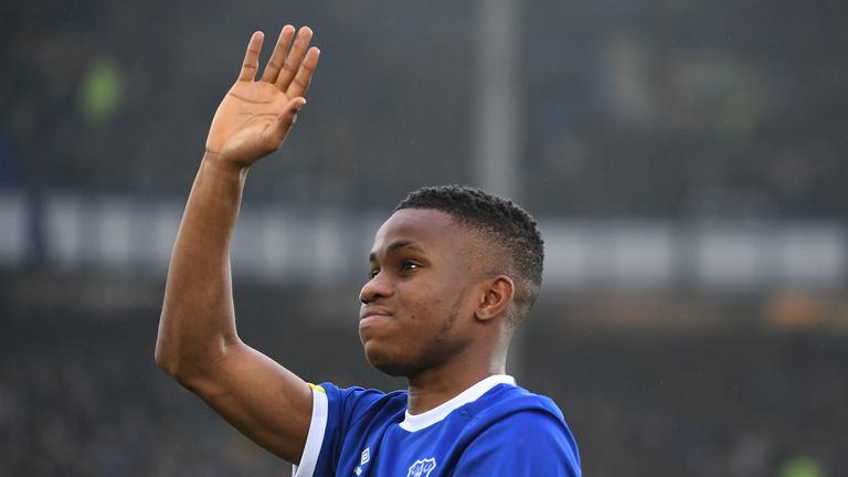 LIVERPOOL, ENGLAND - JANUARY 07: Ademola Lookman applauds supporters during the Emirates FA Cup third round match between Everton and Leicester City at Goo