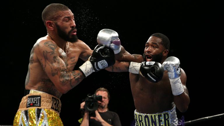 WASHINGTON, DC - APRIL 01: Ashley Theophane (L) and Adrien Broner exchange punches in their super lightweight championship bout at the DC Armory on April 1