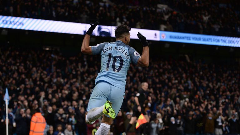Sergio Aguero celebrates scoring his team's second goal against Burnley