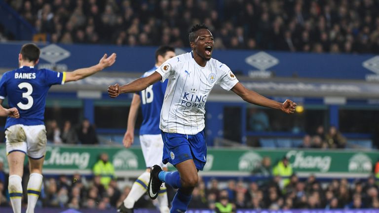 LIVERPOOL, ENGLAND - JANUARY 07: Ahmed Musa of Leicester City celebrates scoring his sides first goal during the Emirates FA Cup third round match between 