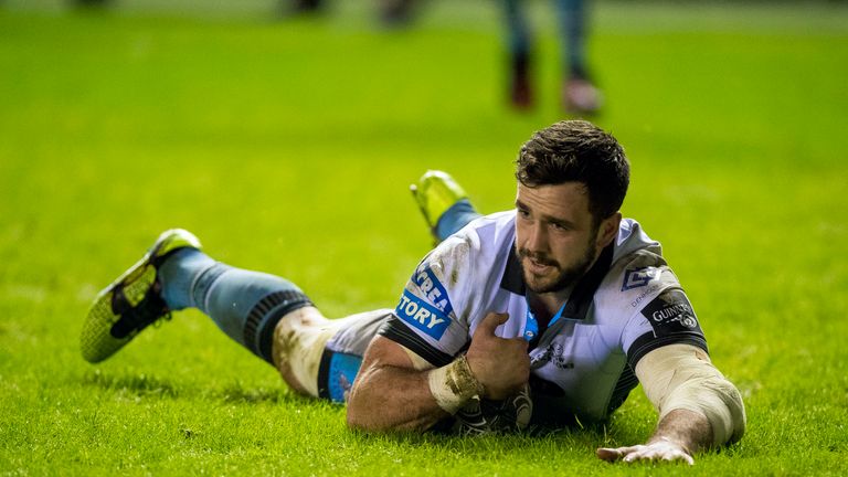 Glasgow's Alex Dunbar scores his side's third try against Edinburgh on Boxing Day 2016