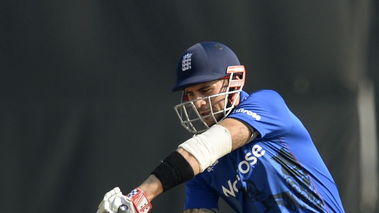 England XI batsman Alex Hales plays a shot during the second warm-up one day cricket match between India A and England XI at the Cricket Club of India (CCI