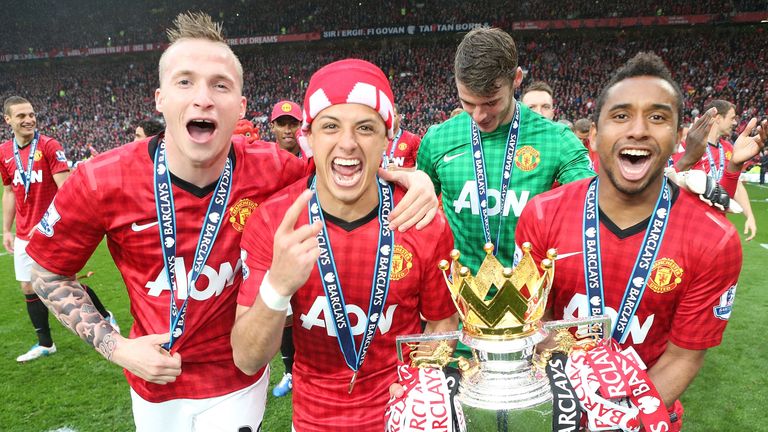 Javier Hernandez, Anderson and Alexander Buttner celebrate winning the Premier League 