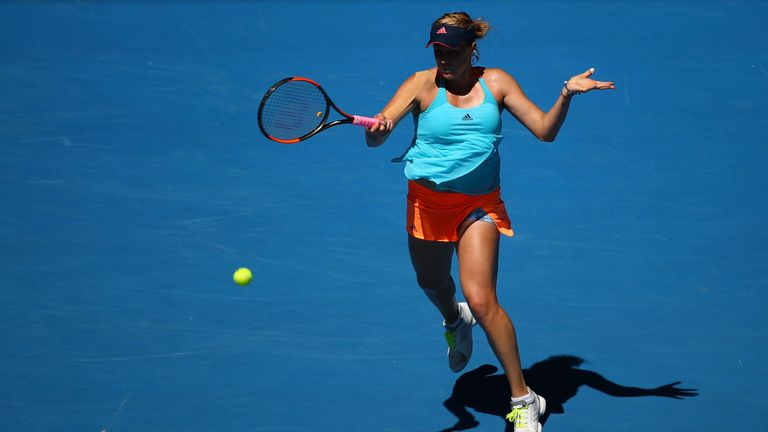 MELBOURNE, AUSTRALIA - JANUARY 24:  Anastasia Pavlyuchenkova of Russia plays a forehand in her quarterfinal match against Venus Williams of the United Stat