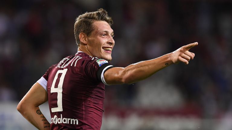 Andrea Belotti celebrates after scoring the opening goal during the Serie A match between FC Torino and Bologna FC 