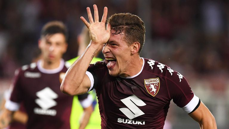 Andrea Belotti celebrates his second goal during the Serie A match between FC Torino and Bologna FC