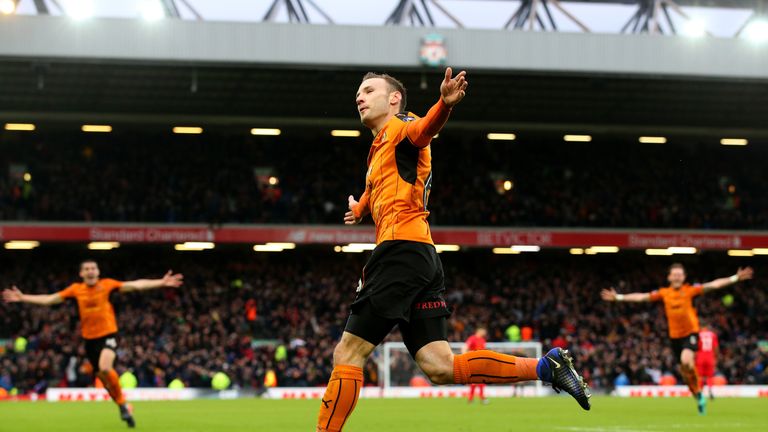 Andreas Weimann celebrates in front of the Kop after putting Wolves 2-0 up against Liverpool