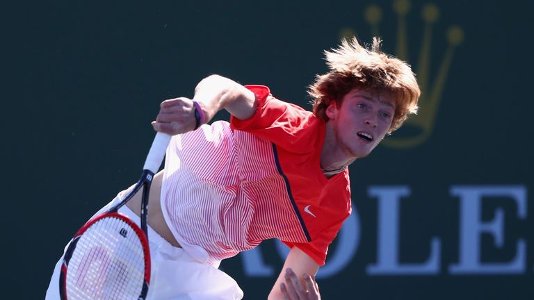 INDIAN WELLS, CA - MARCH 09:  Andrey Rublev of Russia in action action against Michael Berrer of Germany during day three of the BNP Paribas Open at Indian