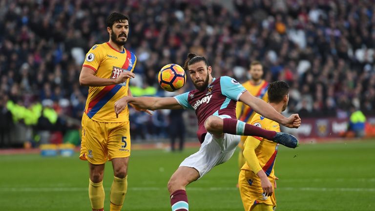 STRATFORD, ENGLAND - JANUARY 14:  Andy Carroll of West Ham United volleys towards goal during the Premier League match between West Ham United and Crystal 