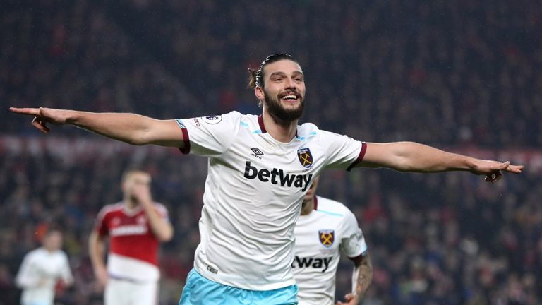 MIDDLESBROUGH, ENGLAND - JANUARY 21: Andy Carroll of West Ham United celebrates scoring his sides second goal during the Premier League match between Middl