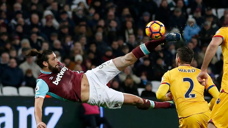 West Ham United's English striker Andy Carroll shoots to score their second goal with this bicycle kick during the English Premier League football match be