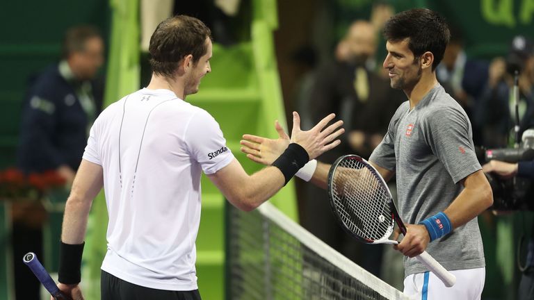 Britain's Andy Murray (L) congratulates Serbia's Novak Djokovic on winning during their final tennis match at the ATP Qatar Open in Doha on January 7, 2017