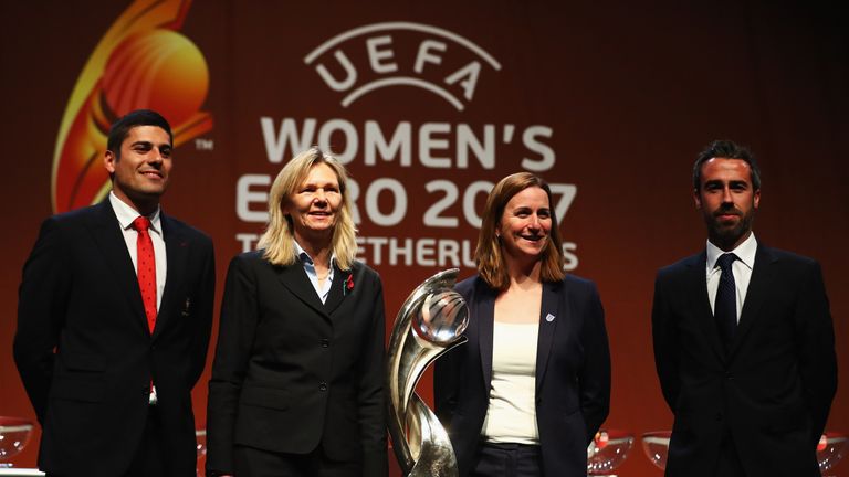 ROTTERDAM, NETHERLANDS - NOVEMBER 08:  England representative, Portugal coach, Francisco Neto, Scotland coach, Anna Signeul and Spain coach, Jorge Vilda on