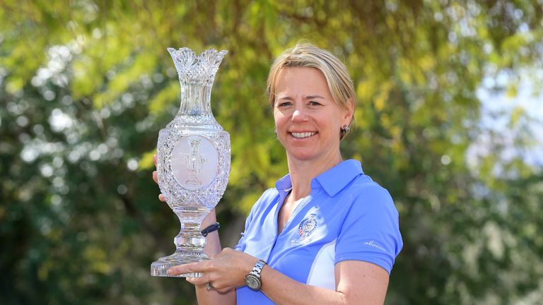 RANCHO MIRAGE, CA - MARCH 30:  Annika Sorenstam of Sweden poses with the Solheim Cup after the press conference to announce her as the 2017 European Solhei