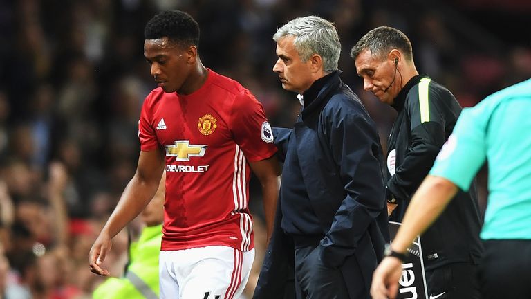 MANCHESTER, ENGLAND - AUGUST 19:  Anthony Martial of Manchester United is substituted by Jose Mourinho, Manager of Manchester United during the Premier Lea
