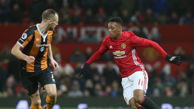 Anthony Martial takes on David Meyler during the EFL Cup Semi-FInal first leg