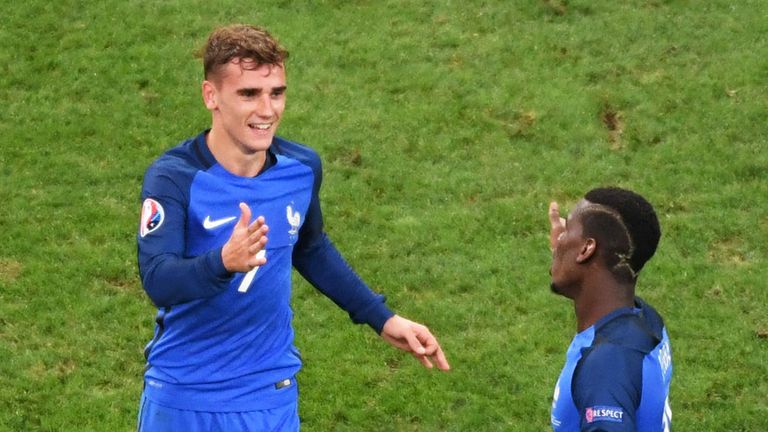 Antoine Griezmann and Paul Pogba celebrate a goal for France during Euro 2016