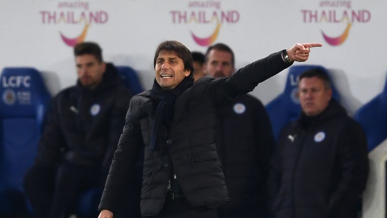 Antonio Conte, Manager of Chelsea directs his players during the Premier League match between Leicester City and Chelsea 