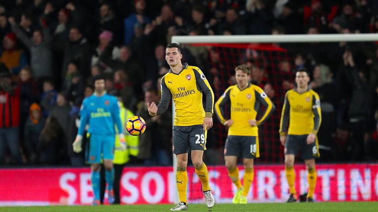 Arsenal's Granit Xhaka shows dejection after his side concede their third goal of the match during the Premier League match at the Vitality Stadium, Bourne