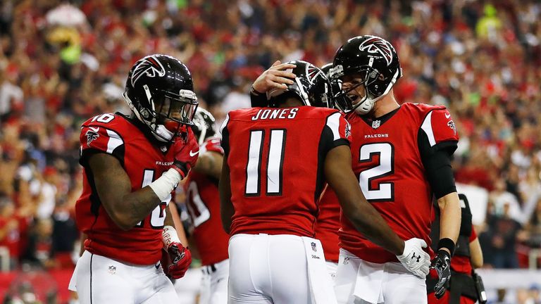 Matt Ryan and  Julio Jones come celebrate after scoring a touchdown against the Seattle Seahawks