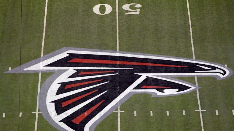 ATLANTA, GA - JANUARY 15:  A detail of the Atlanta Falcons logo is seen at the 50 yard line against the Green Bay Packers during their 2011 NFC divisional 