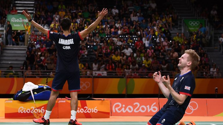 RIO DE JANEIRO, BRAZIL - AUGUST 18:  Chris Langridge and Marcus Ellis of Great Britain celebrate winning match point against Wei Hong and Biao Chai of Chin