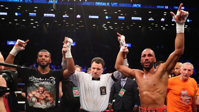 NEW YORK, NY - JANUARY 14:  Badou Jack and James DeGale react after their WBC/IBF Super Middleweight Unification bout resulted in a draw at the Barclays Ce